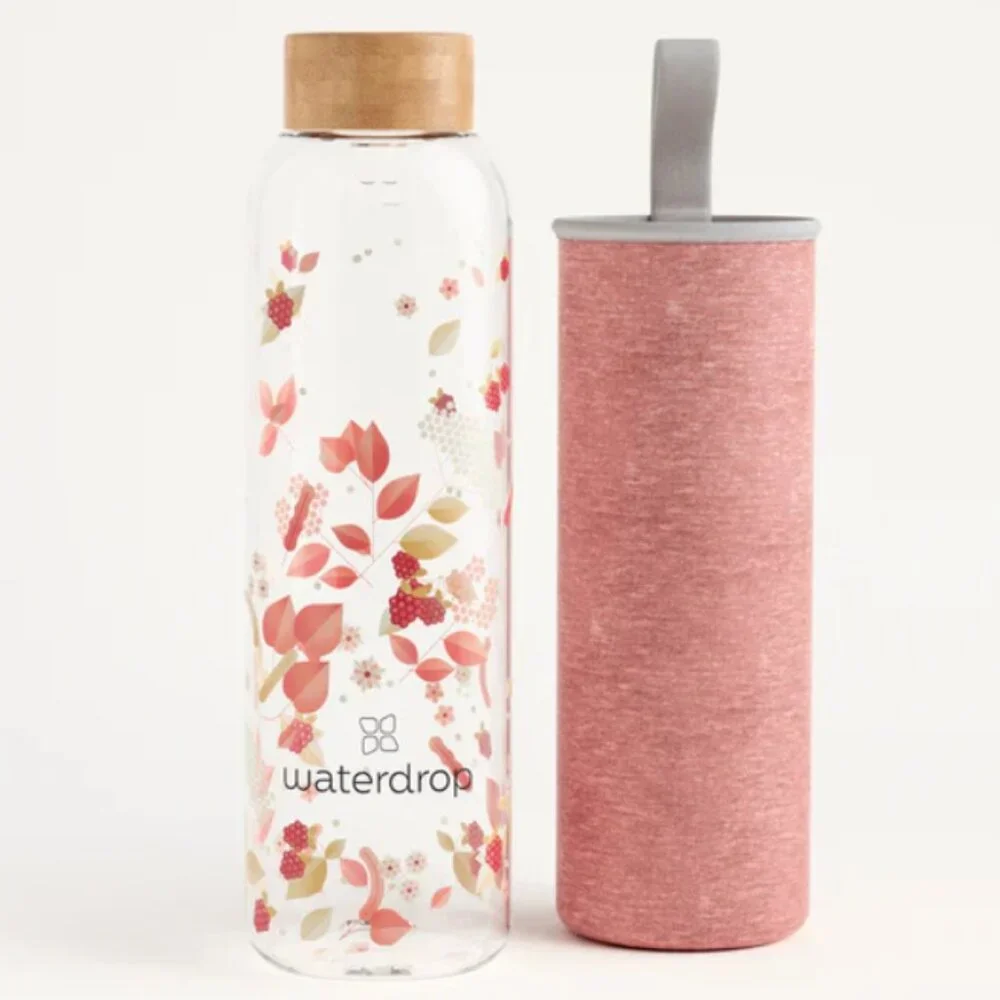 WATERDROP I NWT 20 oz Pink Floral FLAIR Edition Glass Water Bottle with Sleeve - Picture 1 of 16
